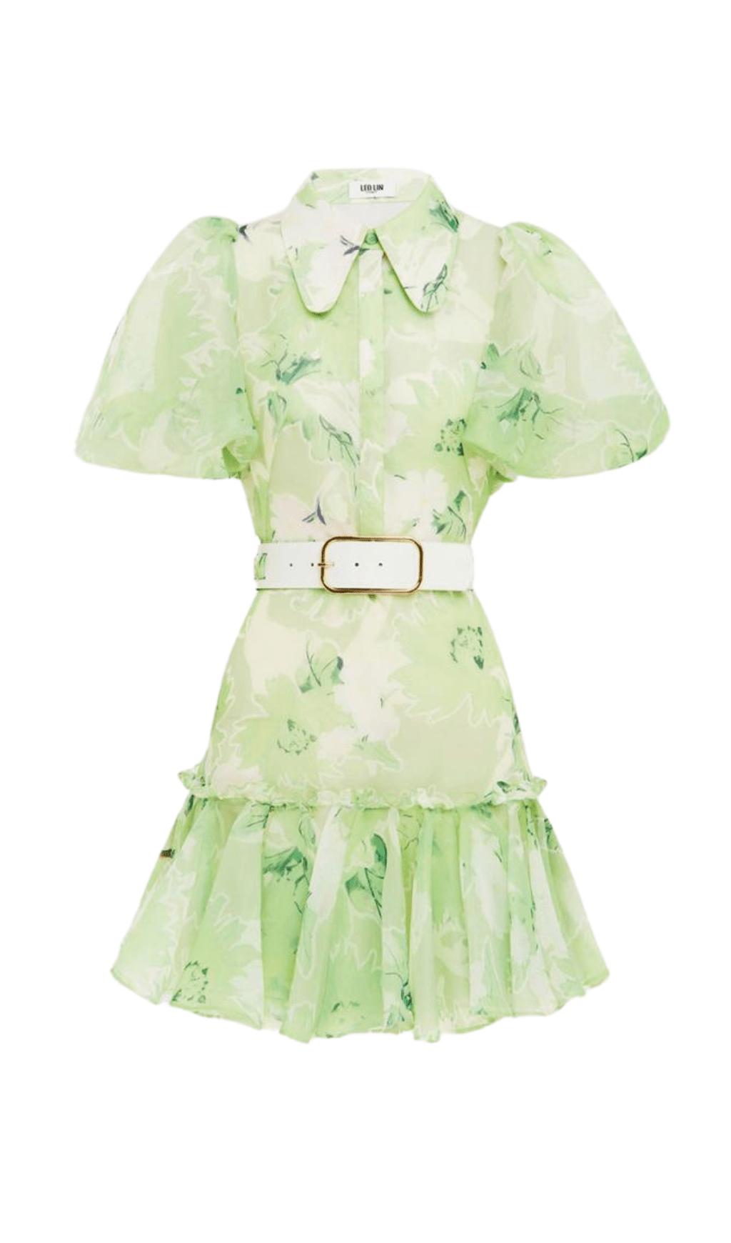 MINI ABITO A MANICHE CORTE CON STAMPA GELSOMINO COLOR SALVIA