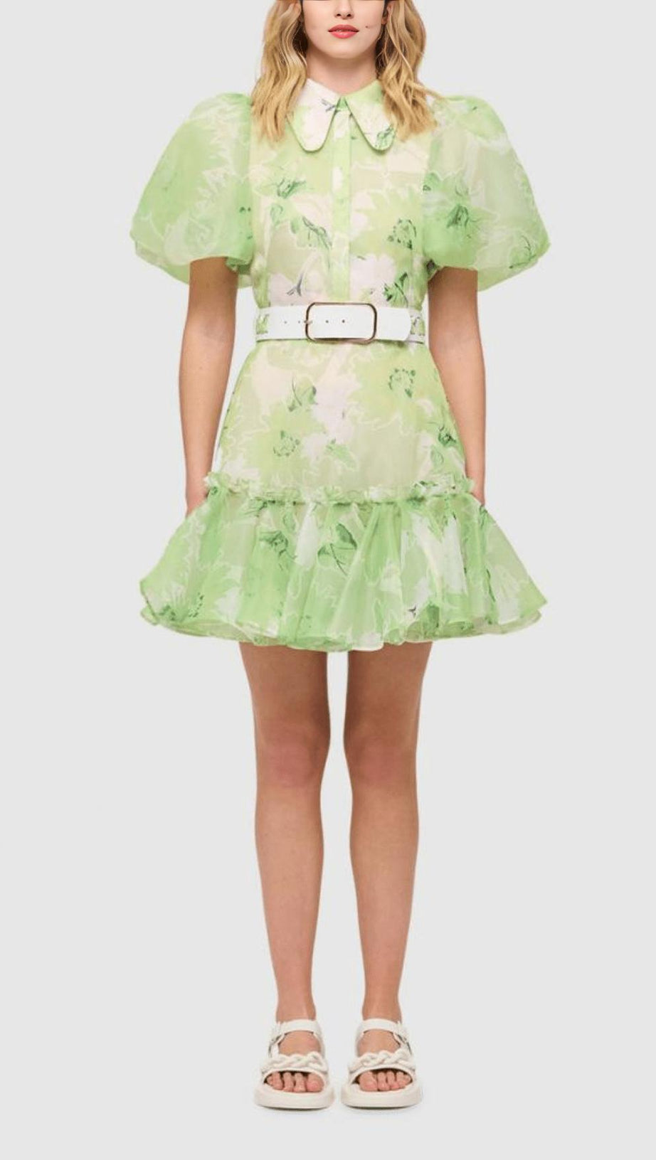 MINI ABITO A MANICHE CORTE CON STAMPA GELSOMINO COLOR SALVIA