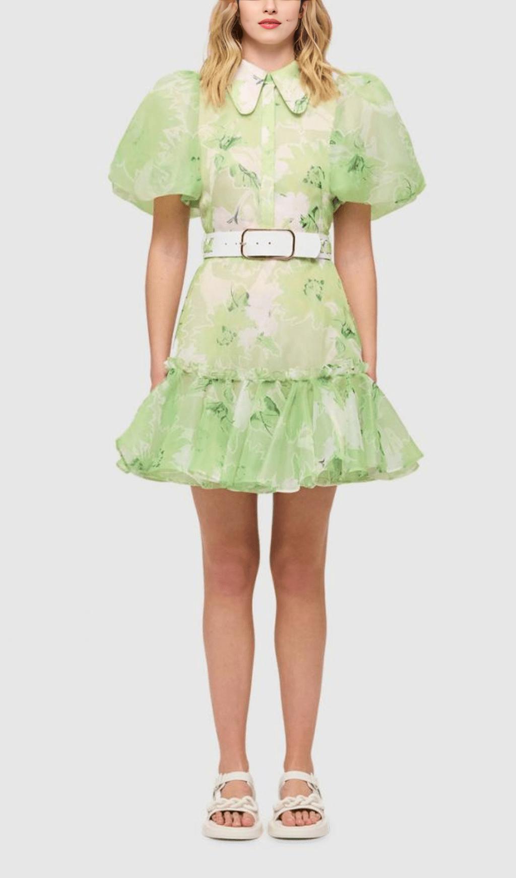 MINI ABITO A MANICHE CORTE CON STAMPA GELSOMINO COLOR SALVIA