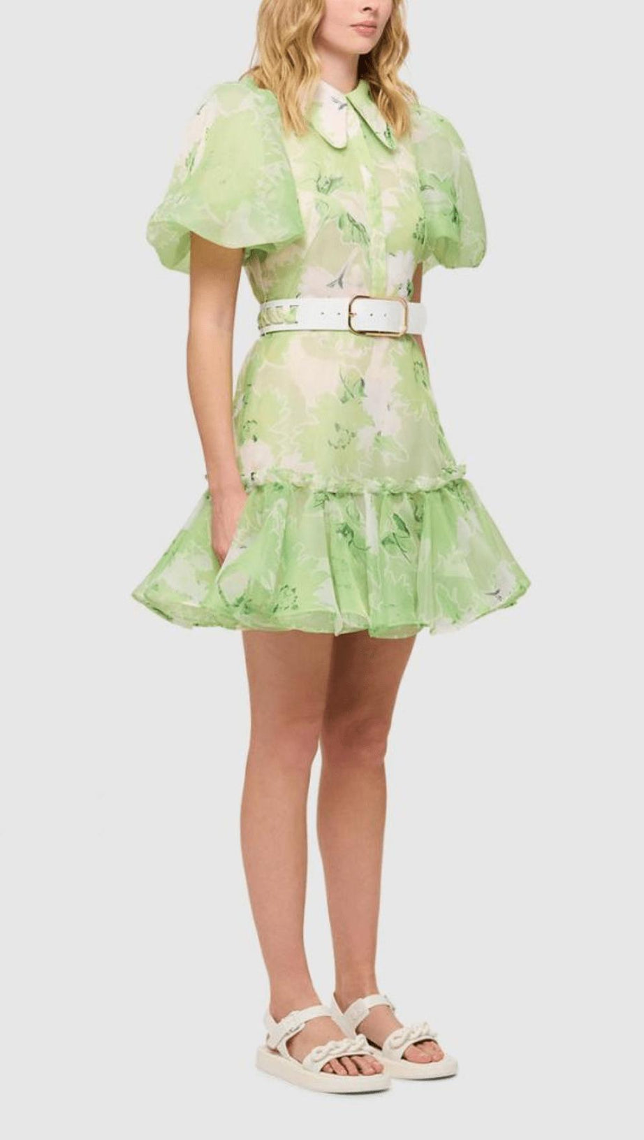 MINI ABITO A MANICHE CORTE CON STAMPA GELSOMINO COLOR SALVIA