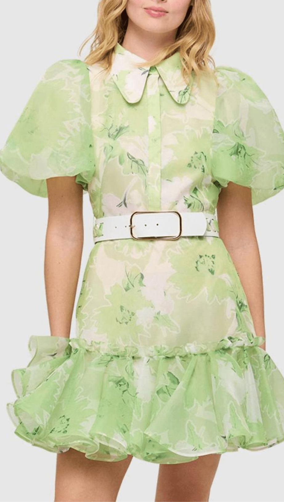 MINI ABITO A MANICHE CORTE CON STAMPA GELSOMINO COLOR SALVIA