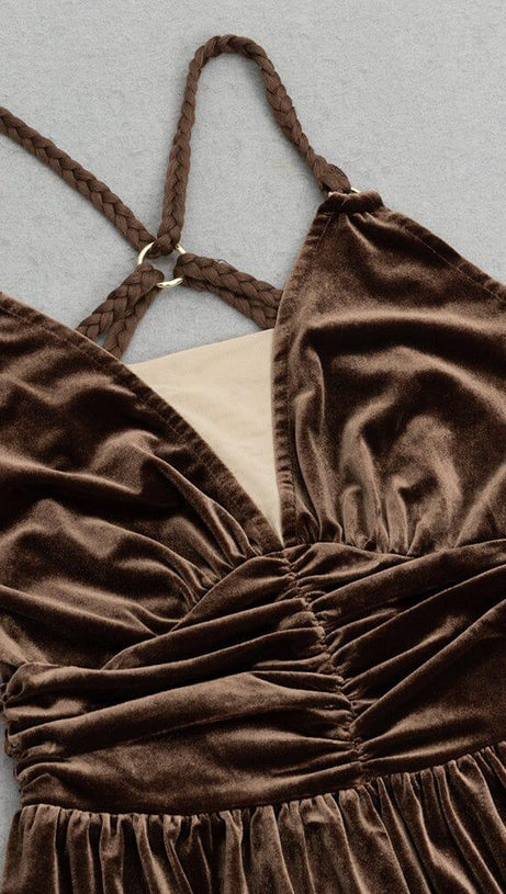 SLEEVELESS OPEN BACK BRAIDED ROPE CROSS DESIGN SUSPENDER MAXI DRESS