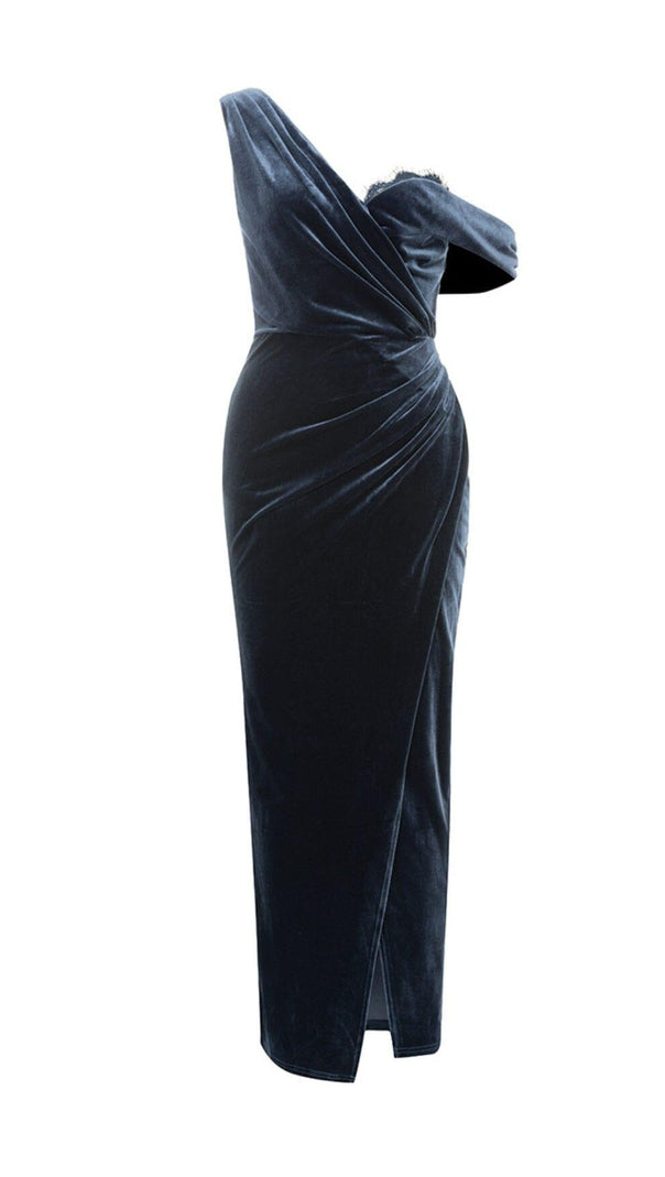 AIIZIE SOLID COLOR ASYMMETRICAL NECKLINE SLIT PLEATED VELVET GOWN - product image
