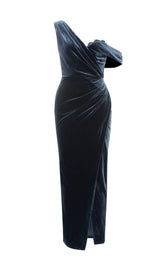 SOLID COLOR ASYMMETRICAL NECKLINE SLIT PLEATED VELVET GOWN