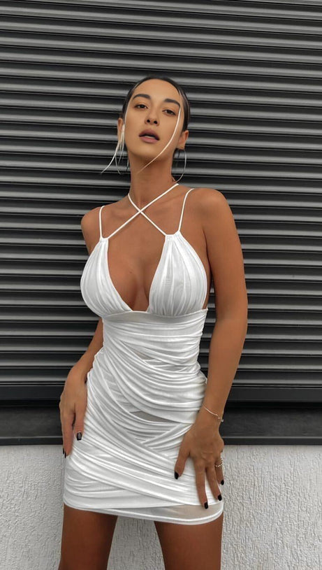RUCHED SUSPENDER MINI DRESS IN WHITE