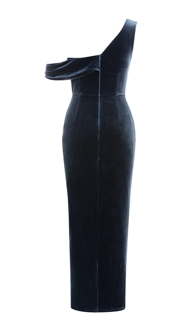 AIIZIE SOLID COLOR ASYMMETRICAL NECKLINE SLIT PLEATED VELVET GOWN - product image