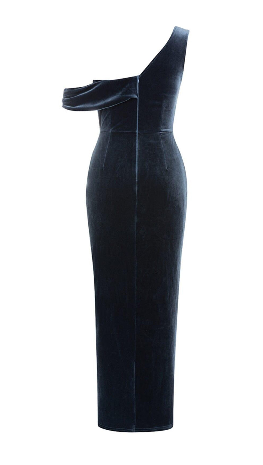 ABITO IN VELLUTO PLISSETTATO CON SPACCO E SCOLLO ASIMMETRICO IN TINTA UNITA