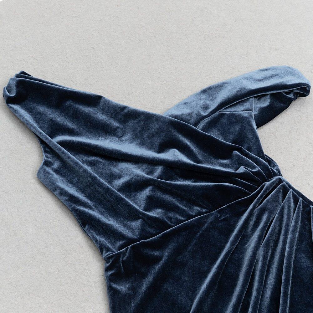 AIIZIE SOLID COLOR ASYMMETRICAL NECKLINE SLIT PLEATED VELVET GOWN - product image