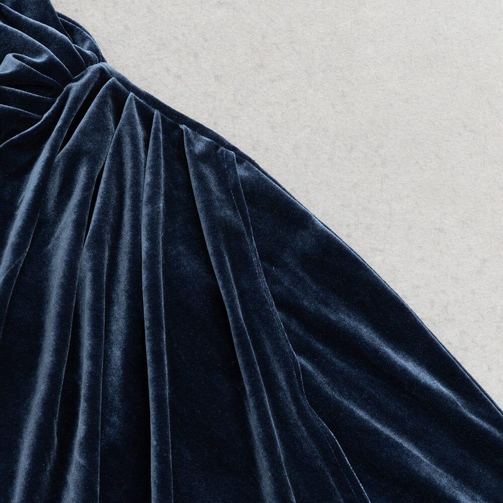 AIIZIE SOLID COLOR ASYMMETRICAL NECKLINE SLIT PLEATED VELVET GOWN - product image