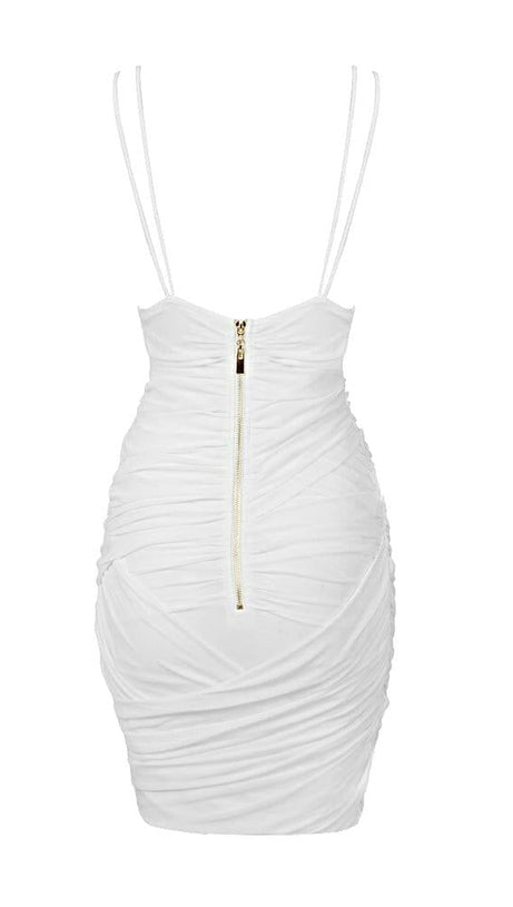 RUCHED SUSPENDER MINI DRESS IN WHITE