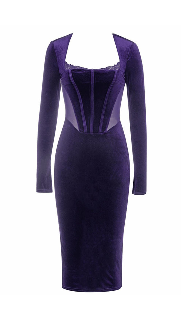 AIIZIE SQUARE NECK PURPLE HERRINGBONE VELVET TIGHT MIDI DRESS - product image
