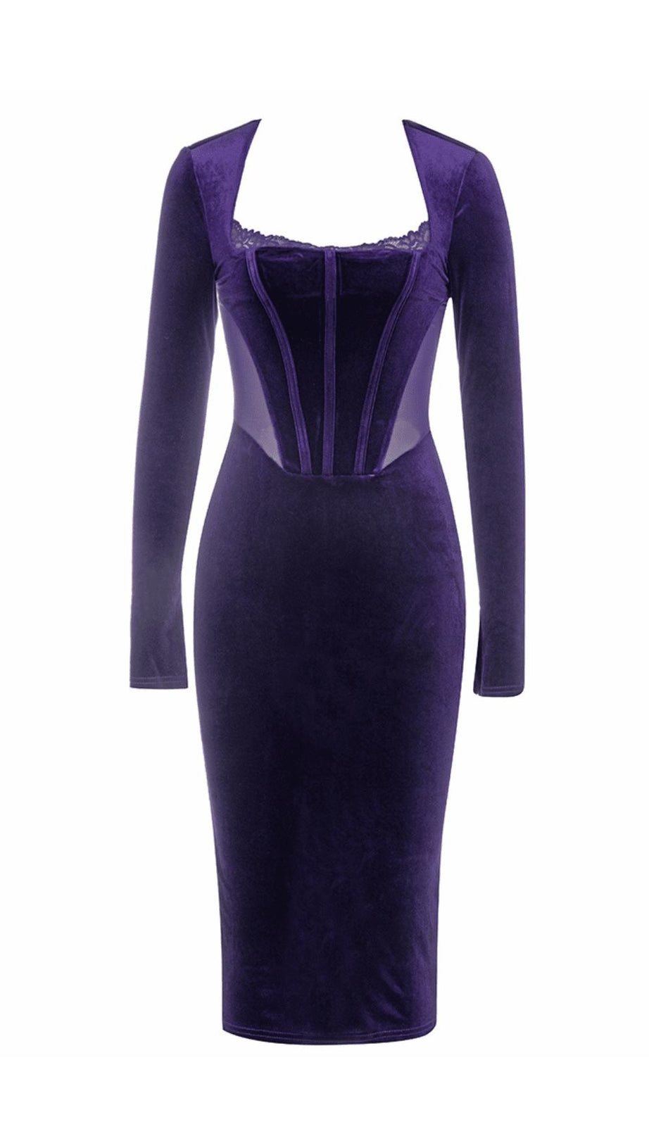SQUARE NECK PURPLE HERRINGBONE VELVET TIGHT MIDI DRESS