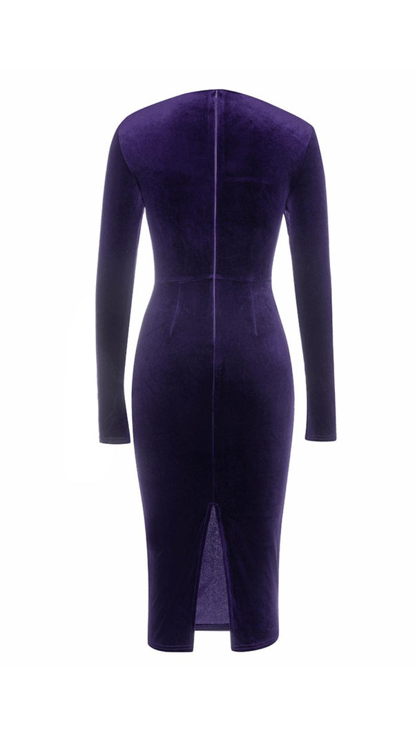 AIIZIE SQUARE NECK PURPLE HERRINGBONE VELVET TIGHT MIDI DRESS - product image