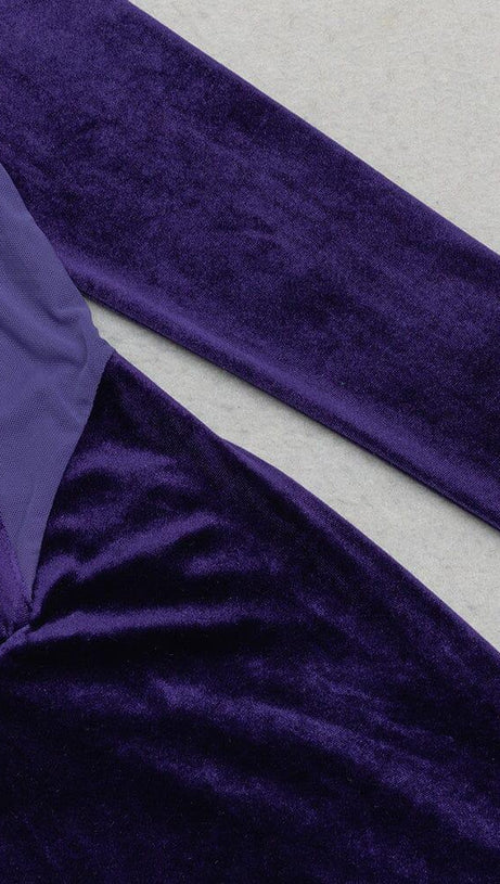 SQUARE NECK PURPLE HERRINGBONE VELVET TIGHT MIDI DRESS