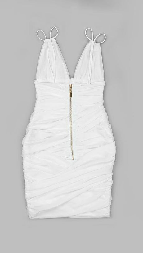 RUCHED SUSPENDER MINI DRESS IN WHITE