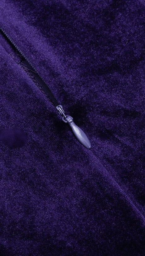 SQUARE NECK PURPLE HERRINGBONE VELVET TIGHT MIDI DRESS