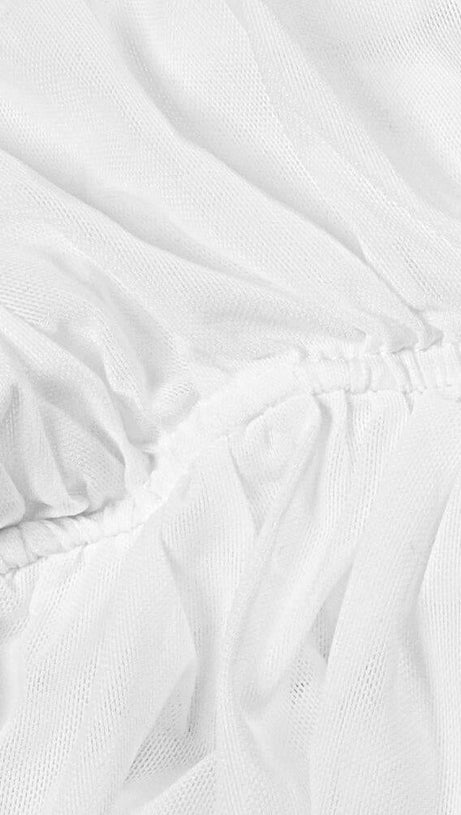 RUCHED SUSPENDER MINI DRESS IN WHITE