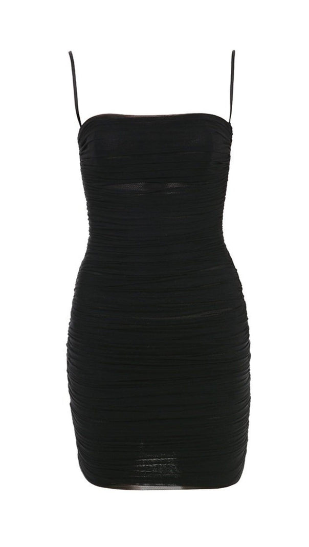 AIIZIE BLACK RUCHED ORGANZA MESH MINI DRESS - product image