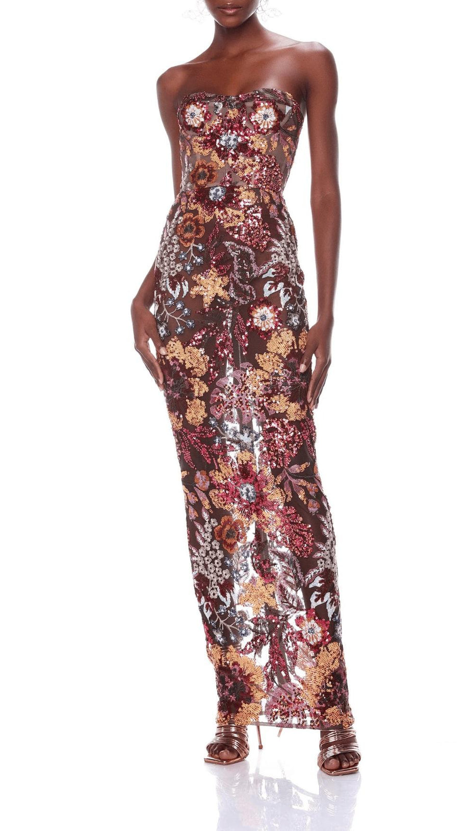 STRAPLESS FLORAL SEQUIN MAXI DRESS