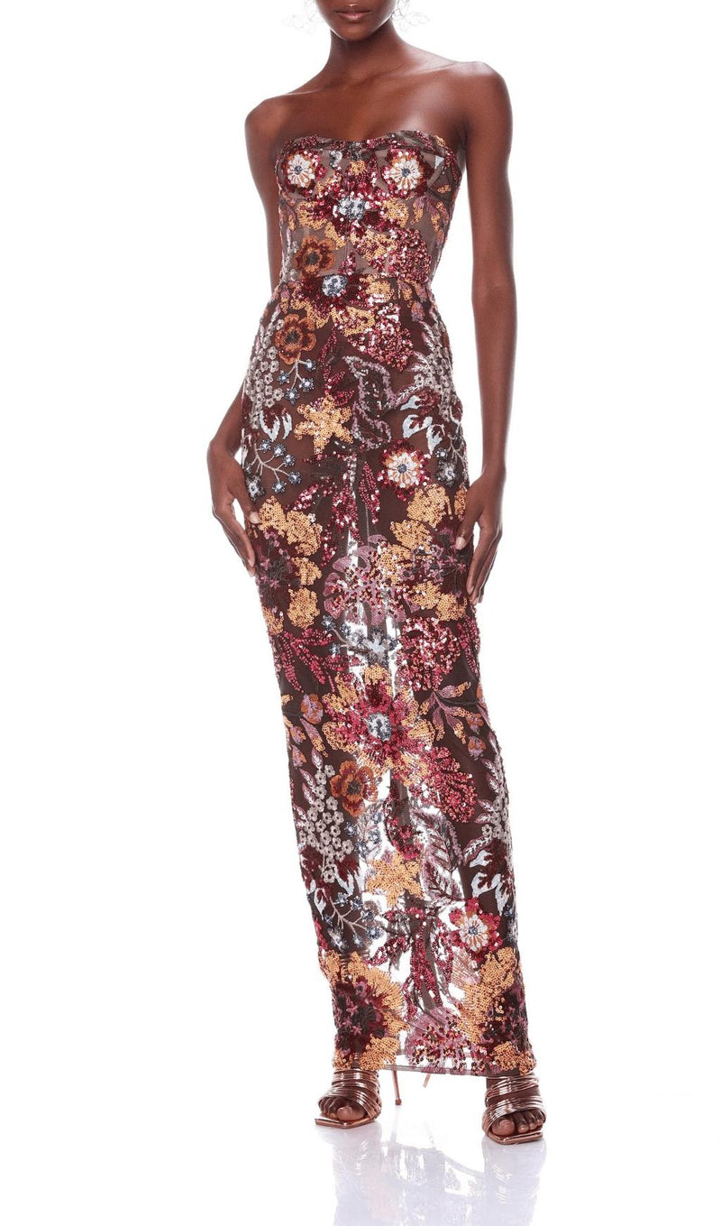 STRAPLESS FLORAL SEQUIN MAXI DRESS