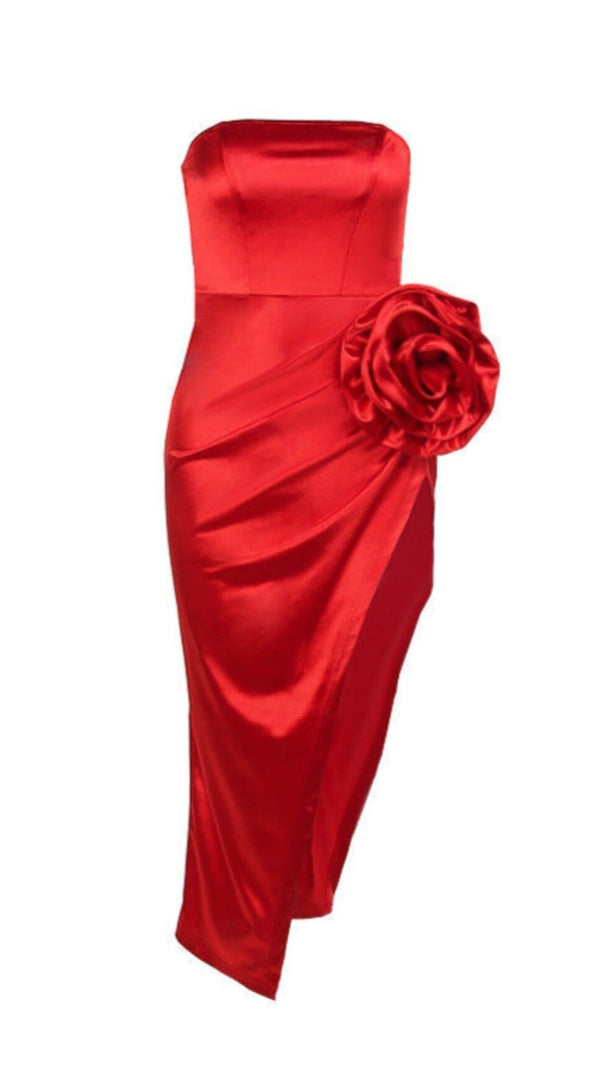 AIIZIE STRAPLESS FLOWER SATIN MIDI DRESS - product image