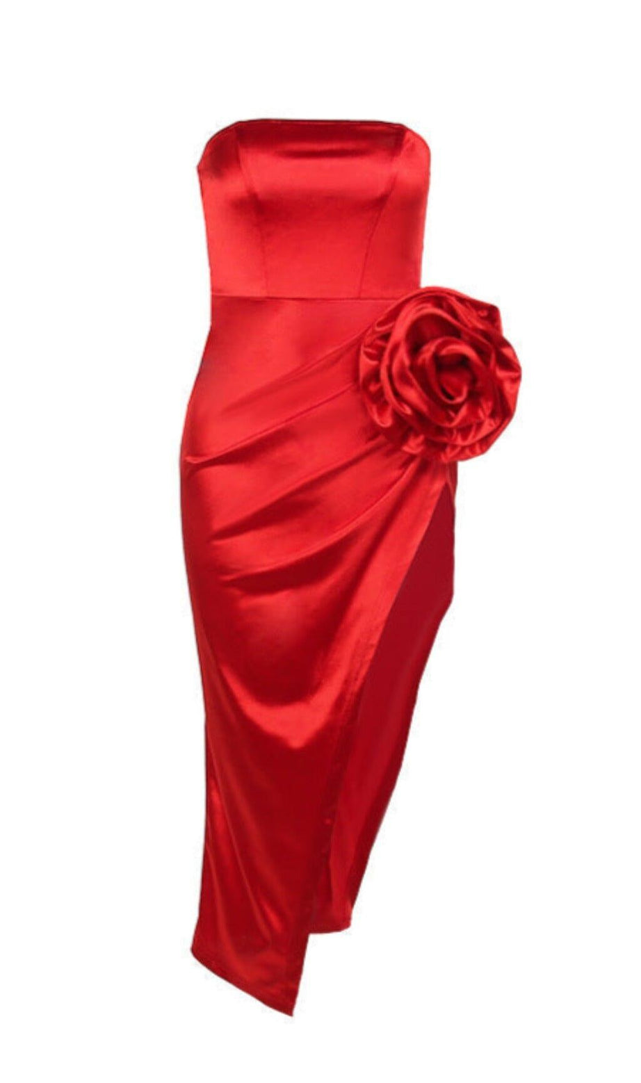 TRÄGERLOSES MIDIKLEID AUS SATIN MIT BLUMEN
