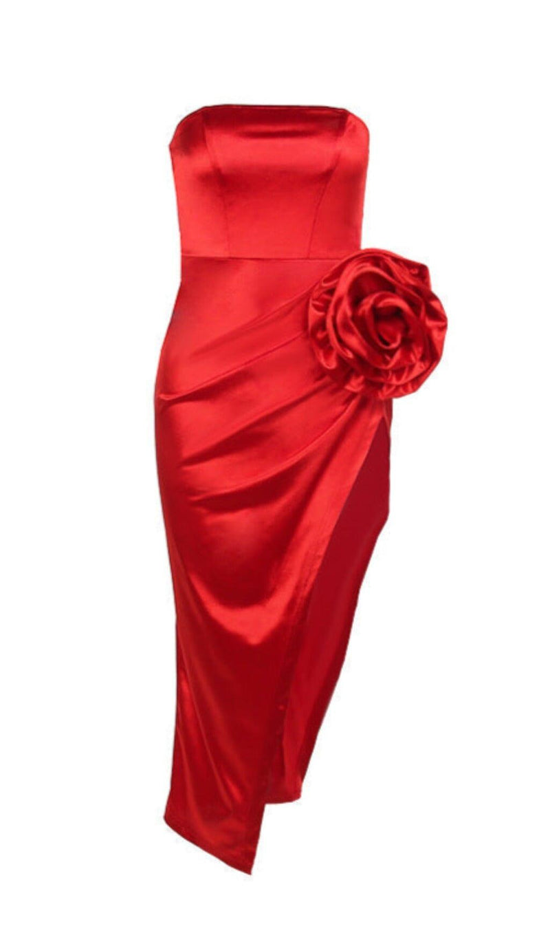 STRAPLESS FLOWER SATIN MIDI DRESS