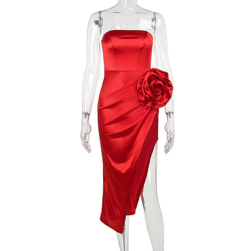 STRAPLESS FLOWER SATIN MIDI DRESS