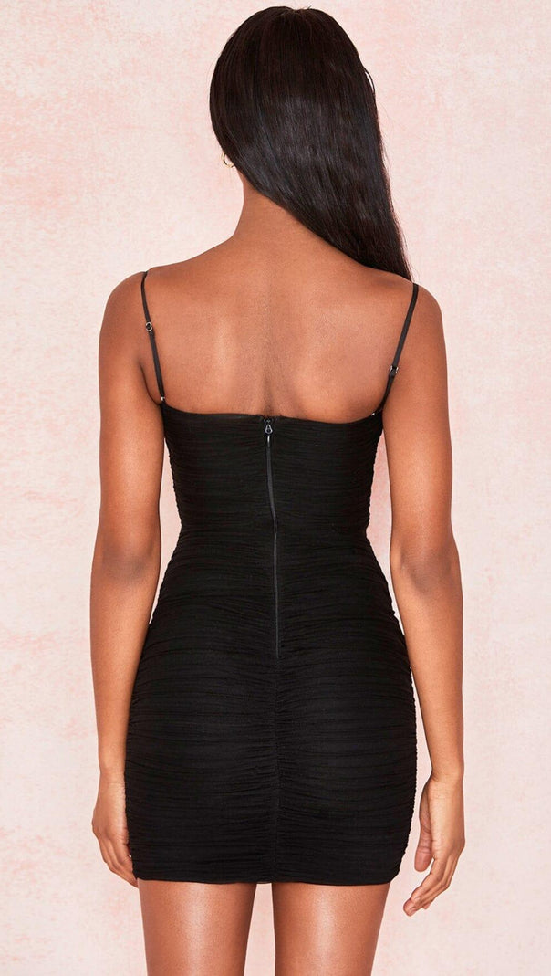 AIIZIE BLACK RUCHED ORGANZA MESH MINI DRESS - product image