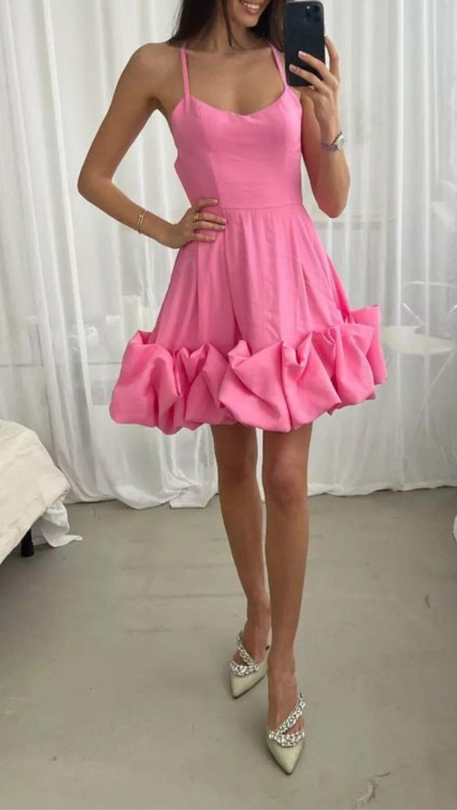 STRAPLESS HALTER SATIN MINI DRESS IN PINK