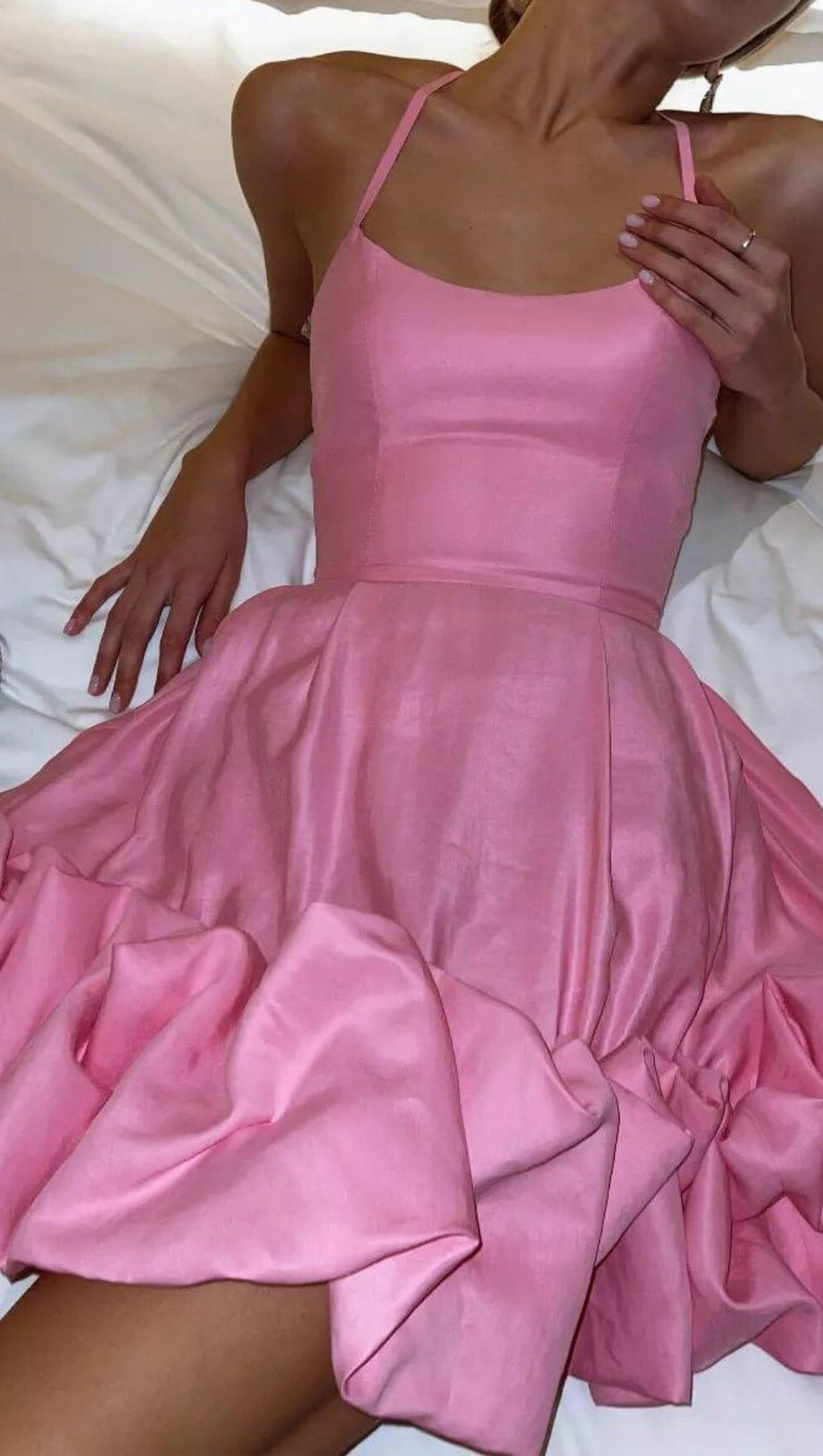 STRAPLESS HALTER SATIN MINI DRESS IN PINK
