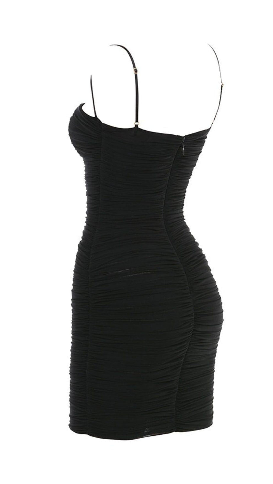 BLACK RUCHED ORGANZA MESH MINI DRESS