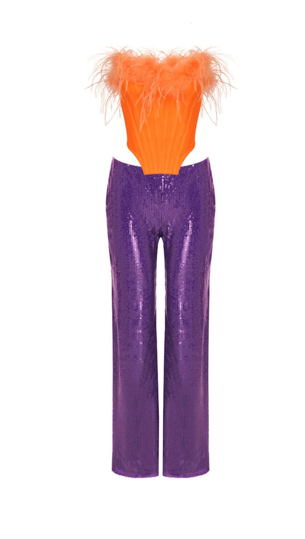 AIIZIE ORANGE FEATHER TUBE TOP & PURPLE SEQUINED TROUSERS TWO-PIECE SUIT - product image