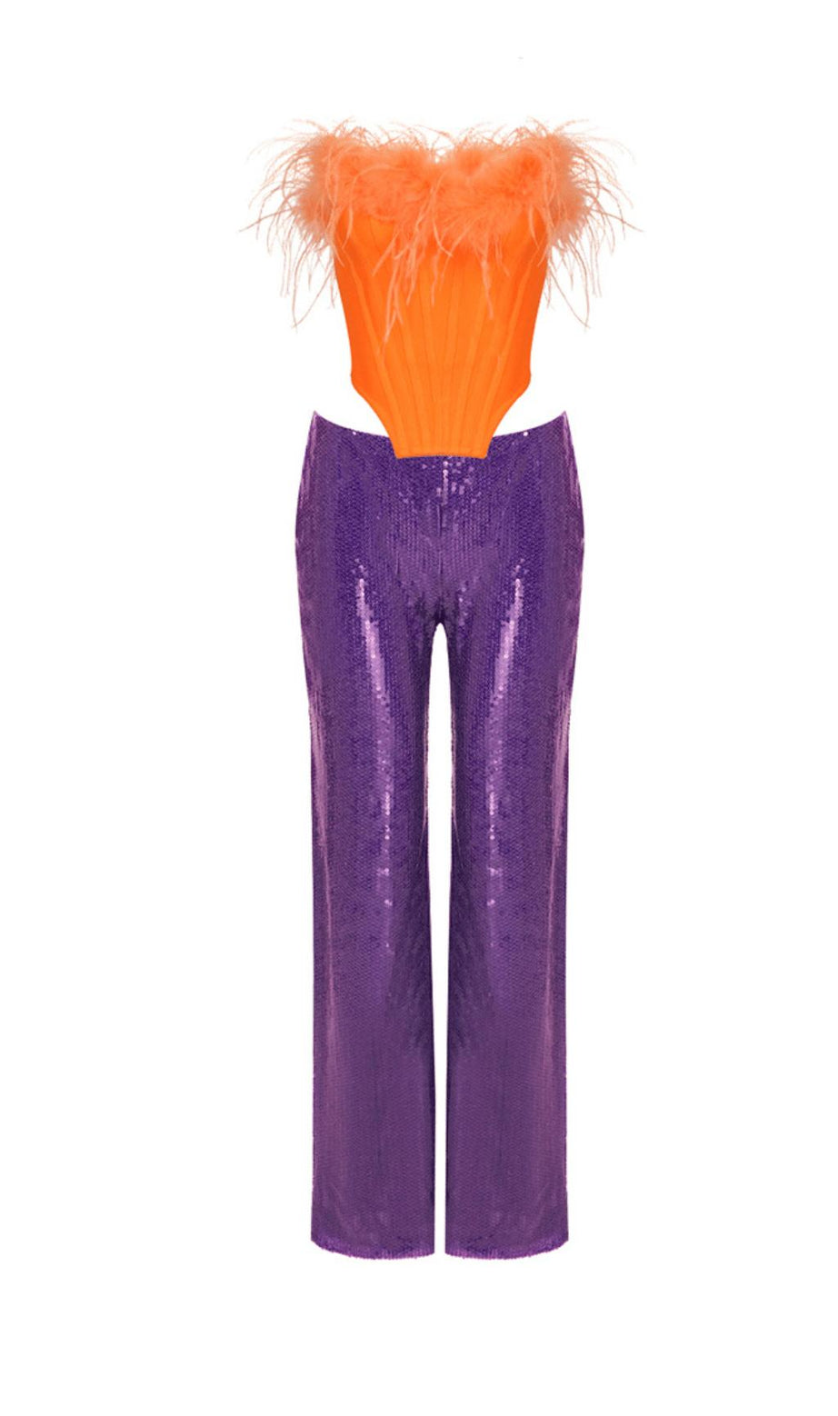 COMPLETO DUE PEZZI CON TOP A TUBINO IN PIUME ARANCIONE E PANTALONI CON PAILLETTES VIOLA