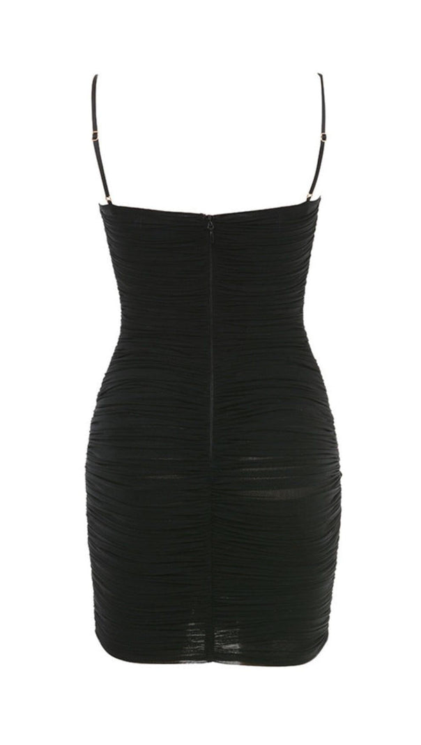 AIIZIE BLACK RUCHED ORGANZA MESH MINI DRESS - product image