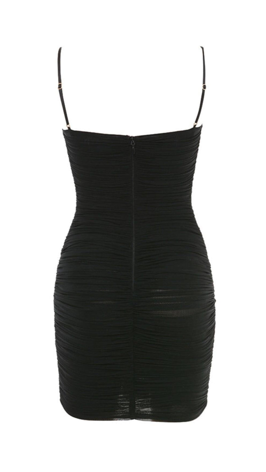 BLACK RUCHED ORGANZA MESH MINI DRESS