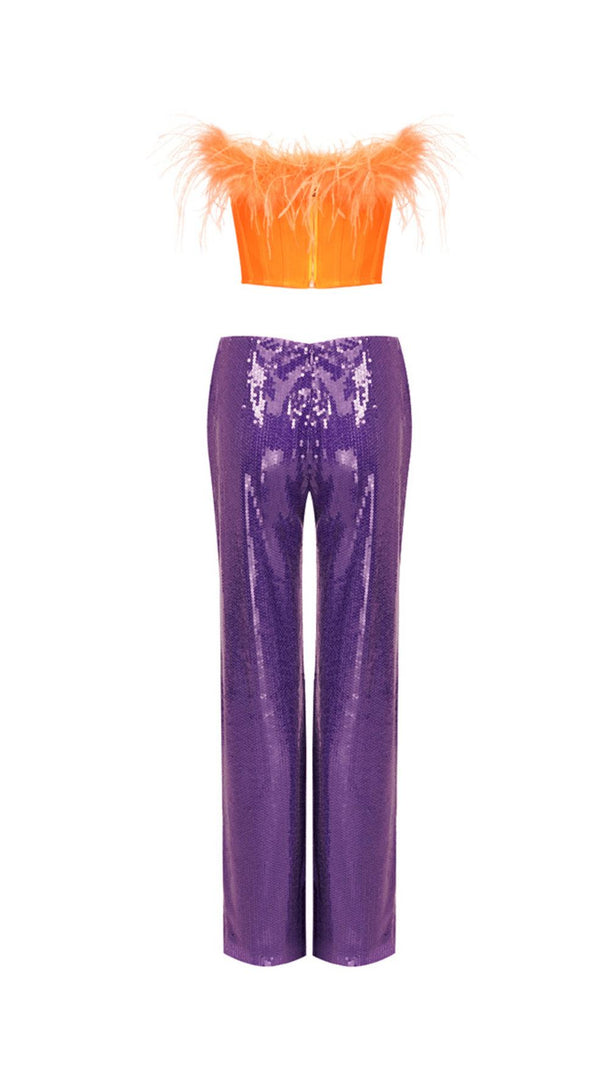 AIIZIE ORANGE FEATHER TUBE TOP & PURPLE SEQUINED TROUSERS TWO-PIECE SUIT - product image