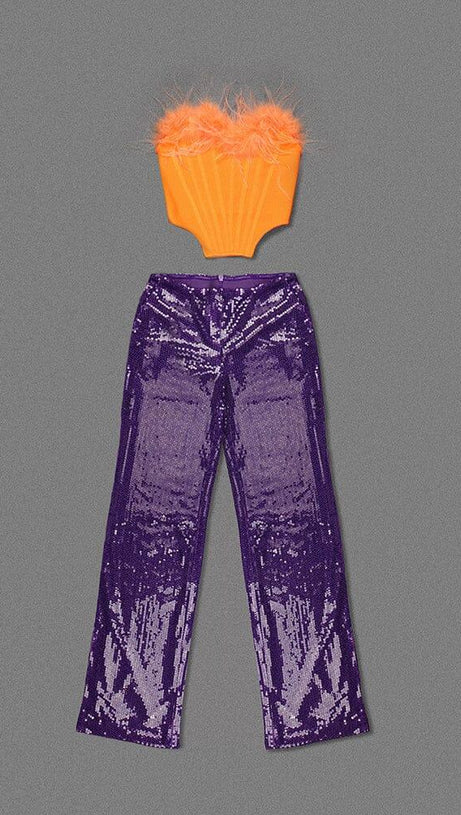ORANGE FEATHER TUBE TOP & PURPLE SEQUINED TROUSERS TWO-PIECE SUIT