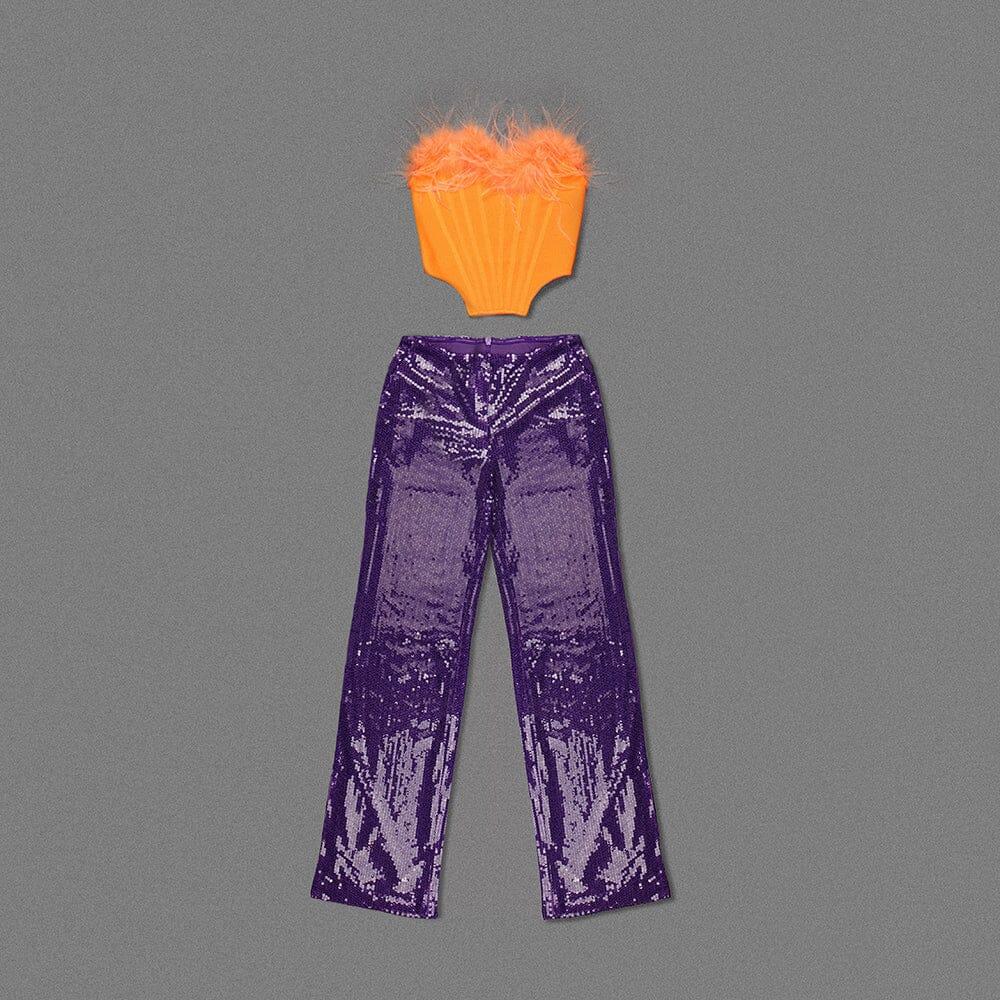 AIIZIE ORANGE FEATHER TUBE TOP & PURPLE SEQUINED TROUSERS TWO-PIECE SUIT - product image