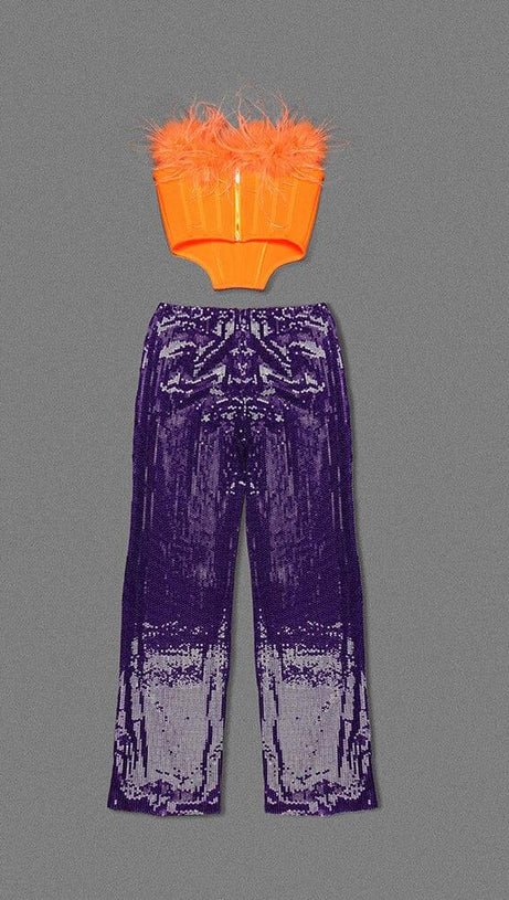 ORANGE FEATHER TUBE TOP & PURPLE SEQUINED TROUSERS TWO-PIECE SUIT