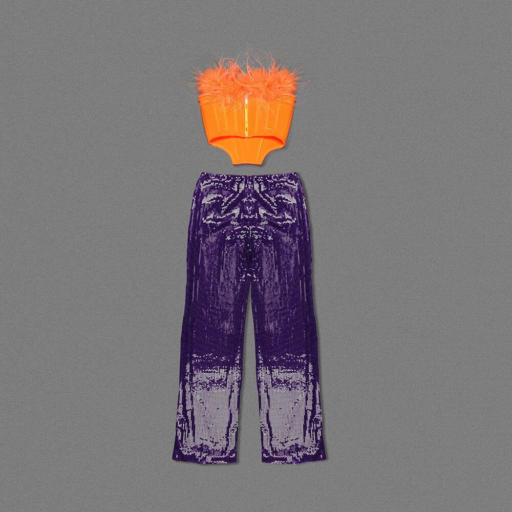 AIIZIE ORANGE FEATHER TUBE TOP & PURPLE SEQUINED TROUSERS TWO-PIECE SUIT - product image