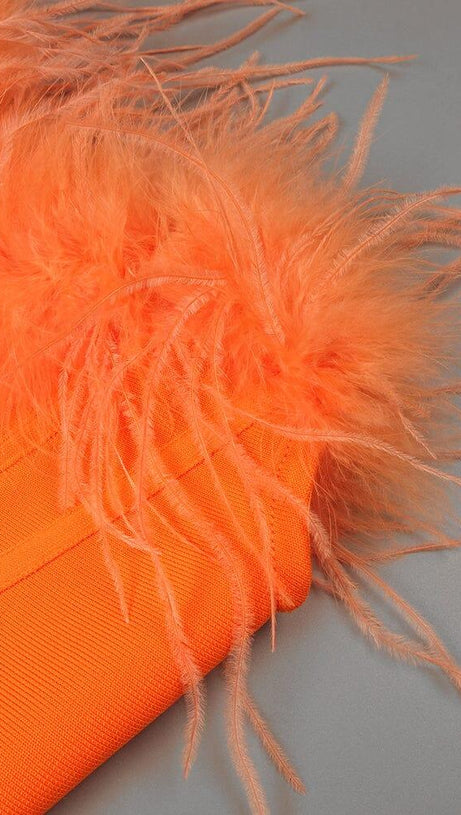 ORANGE FEATHER TUBE TOP & PURPLE SEQUINED TROUSERS TWO-PIECE SUIT