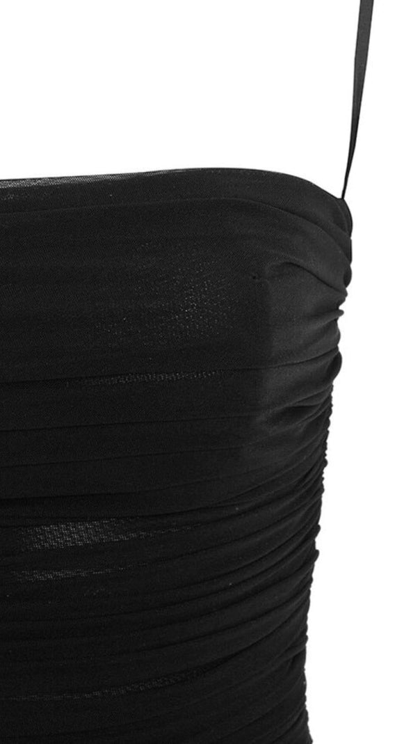 Black Ruched Organza Mesh Mini Dress