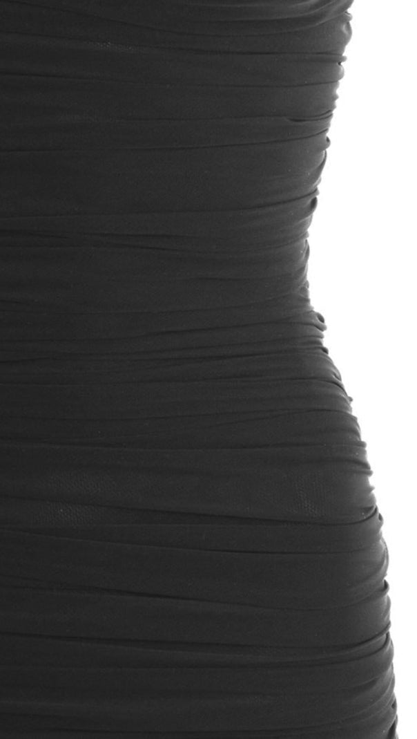 Black Ruched Organza Mesh Mini Dress