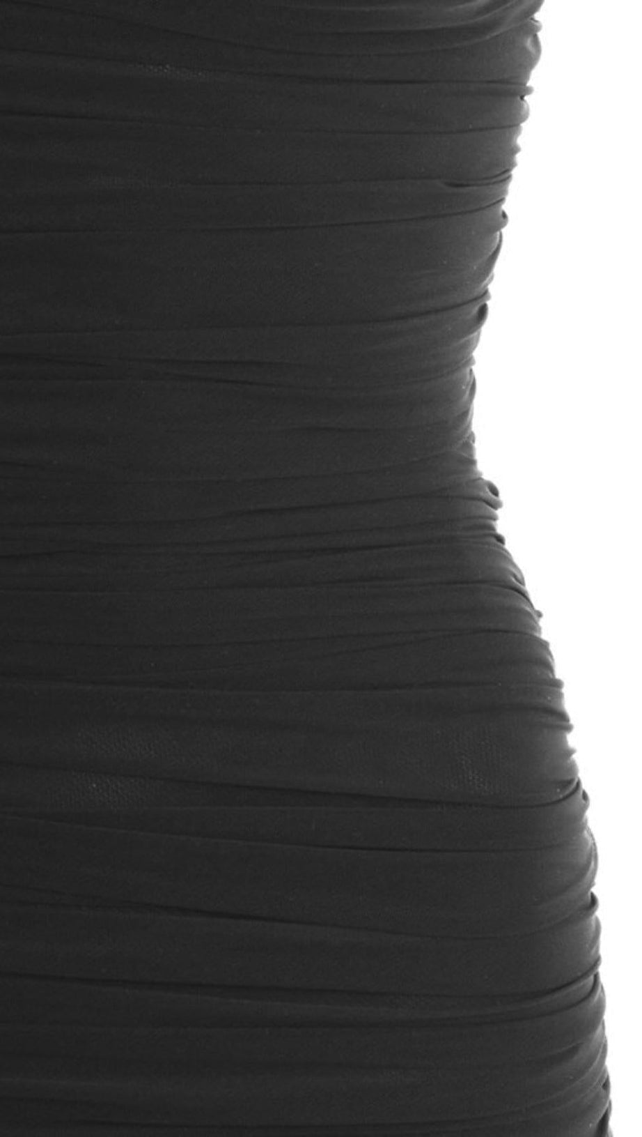 BLACK RUCHED ORGANZA MESH MINI DRESS