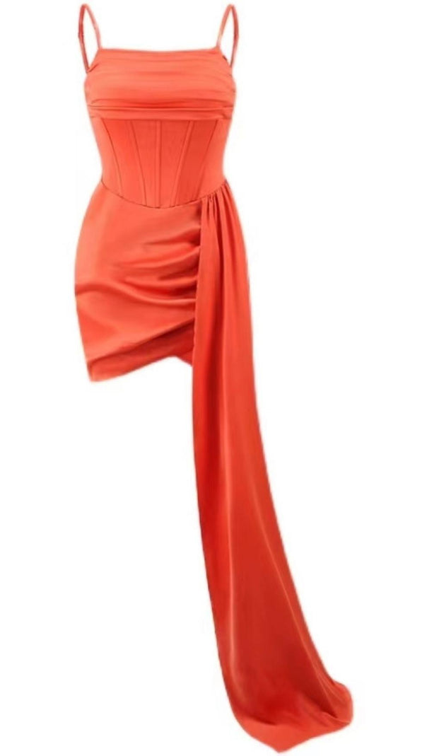 AIIZIE SATIN RUCHED MINI DRESS IN ORANGE - product image