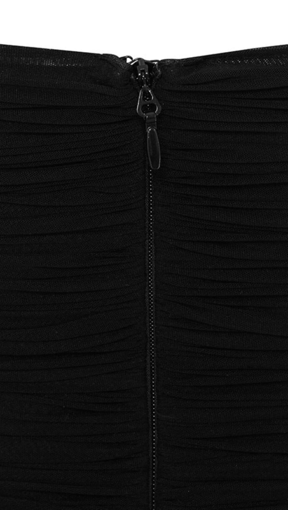 BLACK RUCHED ORGANZA MESH MINI DRESS