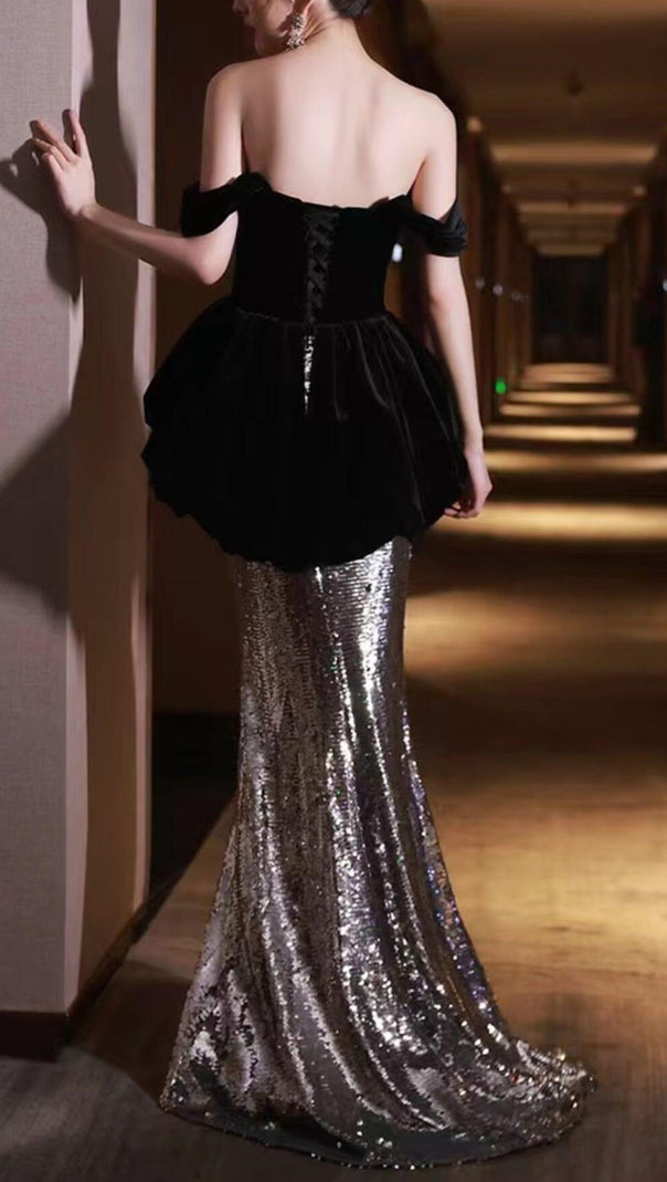 AIIZIE PATCHWORK VELVET MERMAID MAXI DRESS - product image