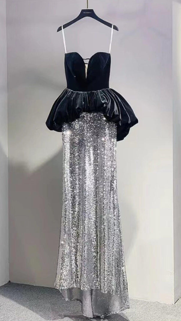 Patchwork-Meerjungfrauen-Maxikleid aus Samt