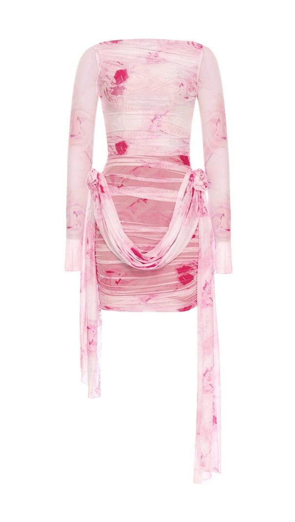 AIIZIE PINK FLARED LONG-SLEEVED PRINTED FLORAL MINI DRESS - product image